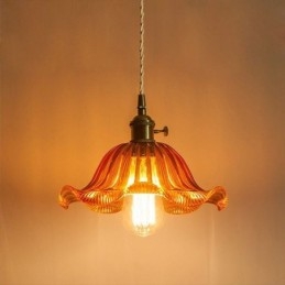 Vintage Färgglada Räfflade Glashängande Ljus Blomsterskärmslampa Med Vridströmbrytarljus