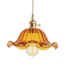 Vintage Färgglada Räfflade Glashängande Ljus Blomsterskärmslampa Med Vridströmbrytarljus