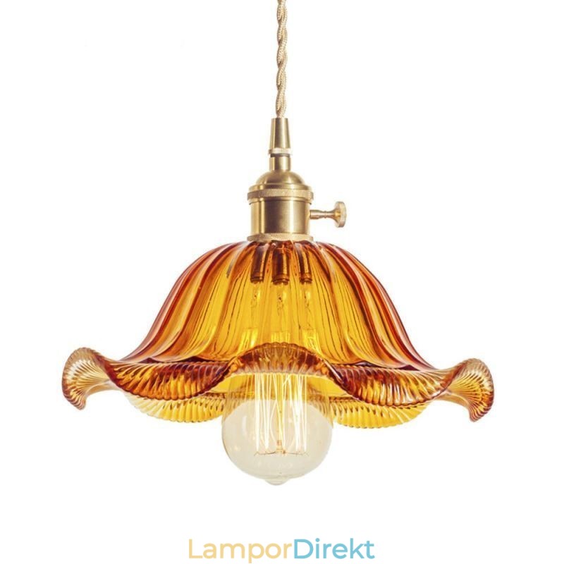 Vintage Färgglada Räfflade Glashängande Ljus Blomsterskärmslampa Med Vridströmbrytarljus