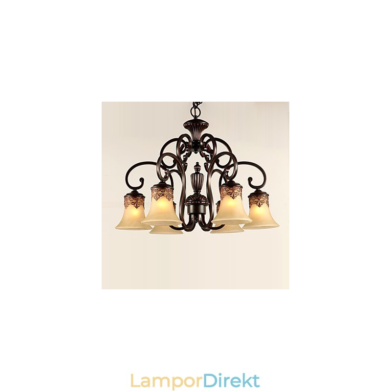 Ljuskrona Taklampa 6 Lampor Lampskärm Ner Vintage Country Metall+Glas