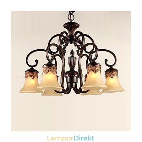 Ljuskrona Taklampa 6 Lampor Lampskärm Ner Vintage Country Metall+Glas Ljuskrona Taklampa 6 Lampor Lampskärm Ner Vintage Country Metall+Glas