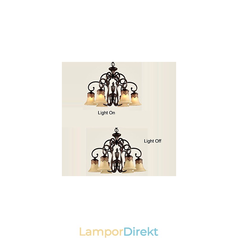 Ljuskrona Taklampa 6 Lampor Lampskärm Ner Vintage Country Metall+Glas
