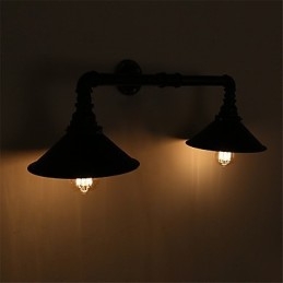Vintage Industrial Pipe Vägglampor Black Metal Shade Restaurang Cafe Bar Dekorationsbelysning Med 2 Ljus Målad Finish
