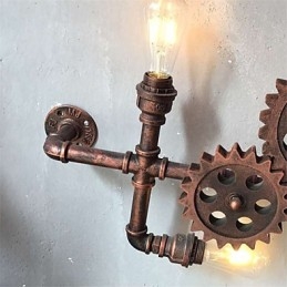 Vintage Industrial Pipe Vägglampor Trä Gear Form Kreativa Vridbara Lampor Restaurang Cafe Bar Dekorationsbelysning
