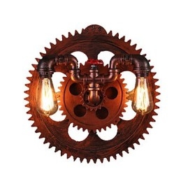 2 Heads Vintage Industriella Vägglampor Trä Gear Shape Lights Restaurang Cafe Bar Dekoration Wall Sconces