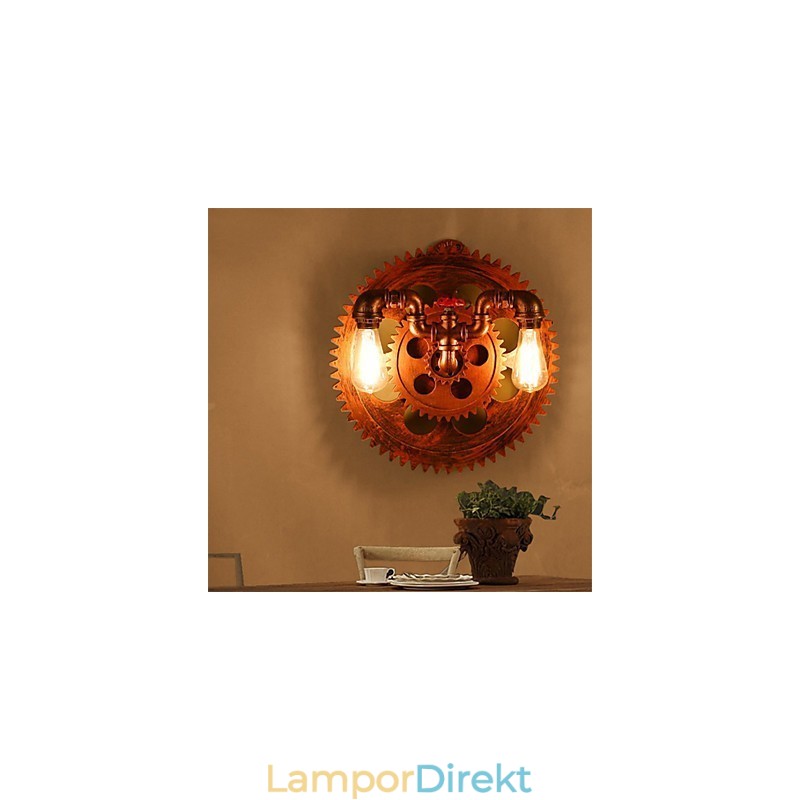 2 Heads Vintage Industriella Vägglampor Trä Gear Shape Lights Restaurang Cafe Bar Dekoration Wall Sconces