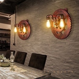 2 Heads Vintage Industriella Vägglampor Trä Gear Shape Lights Restaurang Cafe Bar Dekoration Wall Sconces