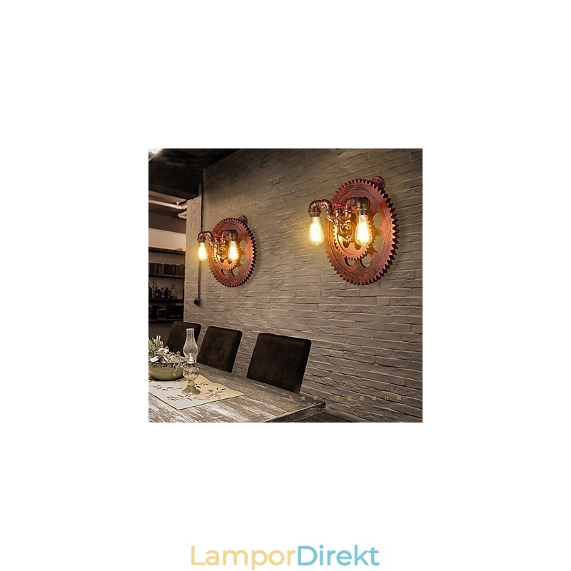 2 Heads Vintage Industriella Vägglampor Trä Gear Shape Lights Restaurang Cafe Bar Dekoration Wall Sconces