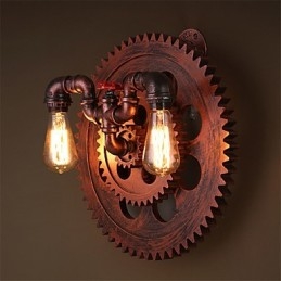2 Heads Vintage Industriella Vägglampor Trä Gear Shape Lights Restaurang Cafe Bar Dekoration Wall Sconces