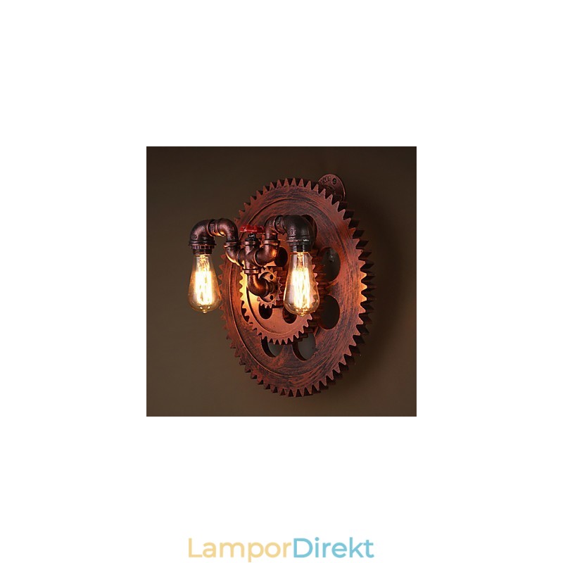 2 Heads Vintage Industriella Vägglampor Trä Gear Shape Lights Restaurang Cafe Bar Dekoration Wall Sconces
