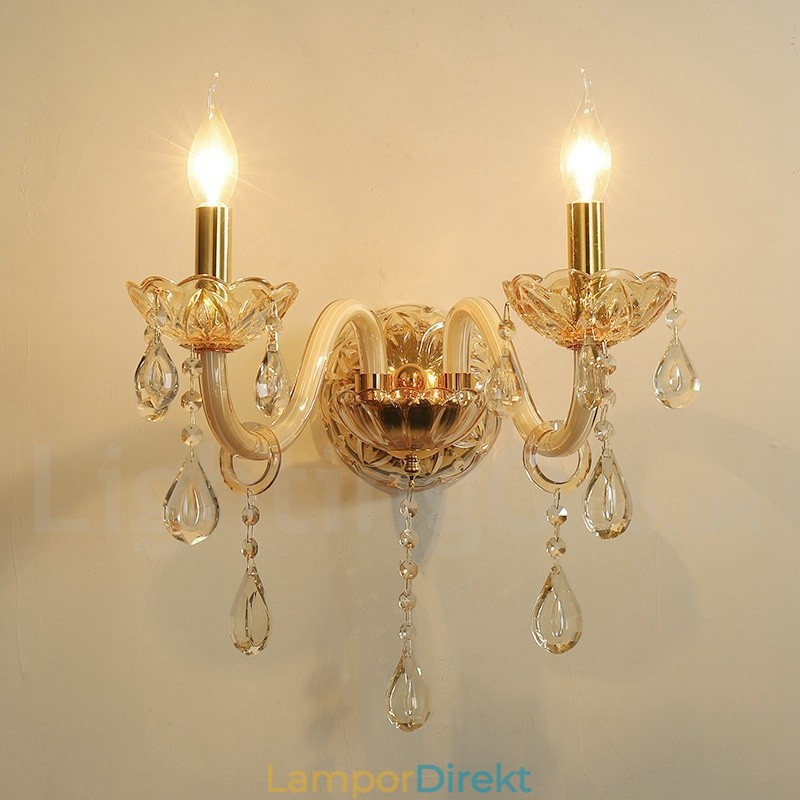 2 Ljus Guld K9 Kristallljus Retro Glas Vägglampa