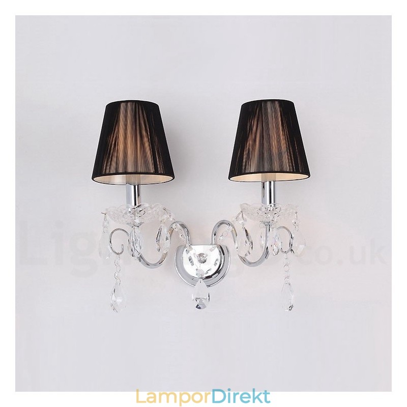 2 Ljus Krom Silver Färg K9 Kristallljus Retro Glas Vägglampa Med Svarta Tygskärmar