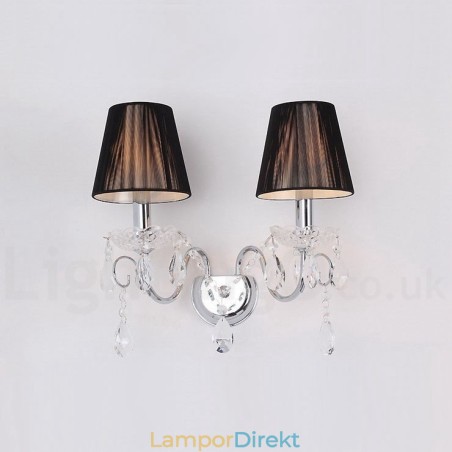 2 Ljus Krom Silver Färg K9 Kristallljus Retro Glas Vägglampa Med Svarta Tygskärmar 2 Ljus Krom Silver Färg K9 Kristallljus Retro Glas Vägglampa Med Svarta Tygskärmar