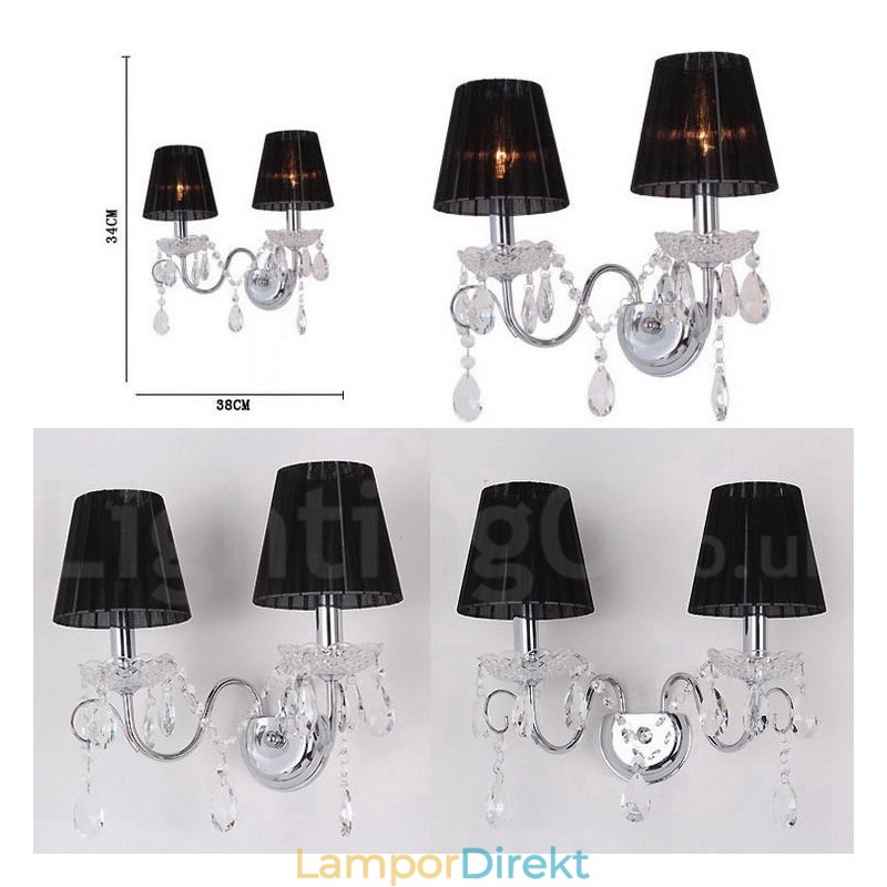 2 Ljus Krom Silver Färg K9 Kristallljus Retro Glas Vägglampa Med Svarta Tygskärmar