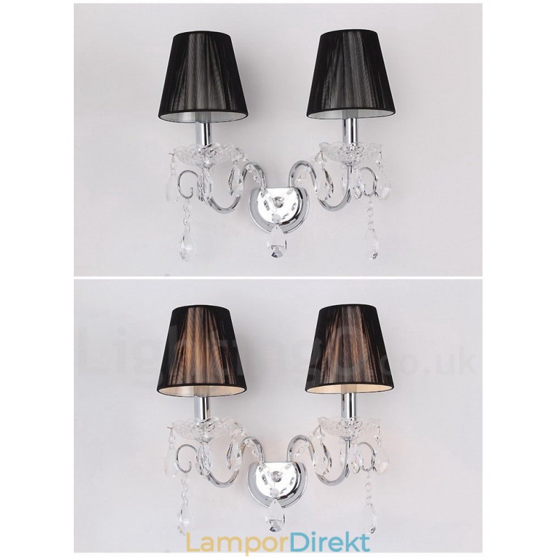 2 Ljus Krom Silver Färg K9 Kristallljus Retro Glas Vägglampa Med Svarta Tygskärmar