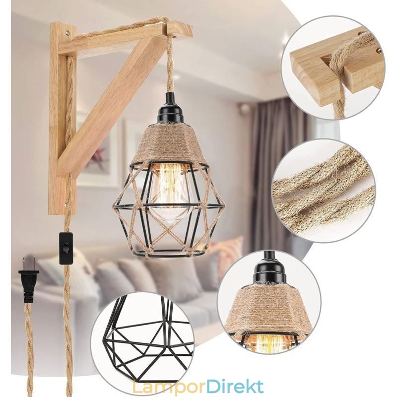 Hampa Rep Järn Konst Vägglampa American Pastoral Retro Vägglampa Med Plugg
