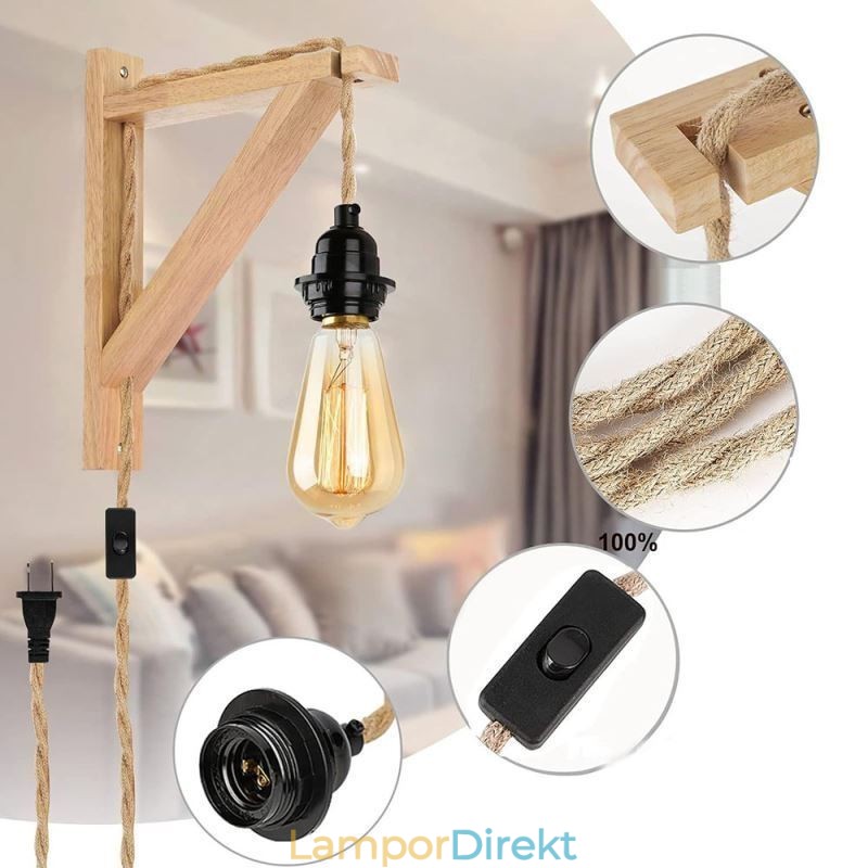 Vägglampa I Massivt Trä Amerikansk Pastoral Retro Hamparep Vägglampa Med Stickpropp