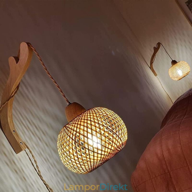 Bambu Vägglampa American Pastoral Retro Hamp Rep Vägglampa Med Plugg