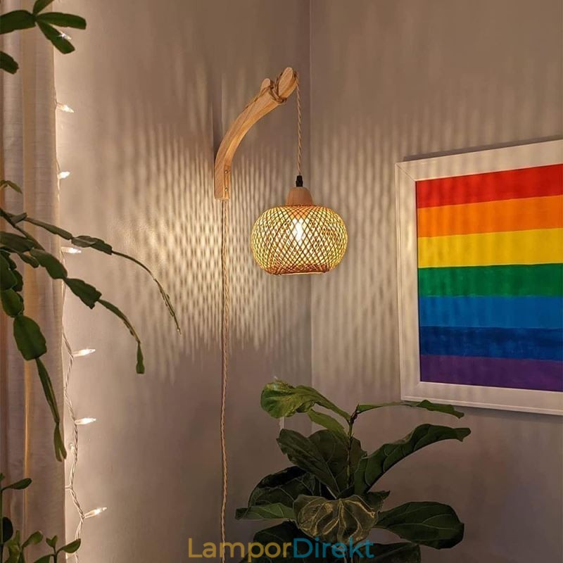 Bambu Vägglampa American Pastoral Retro Hamp Rep Vägglampa Med Plugg