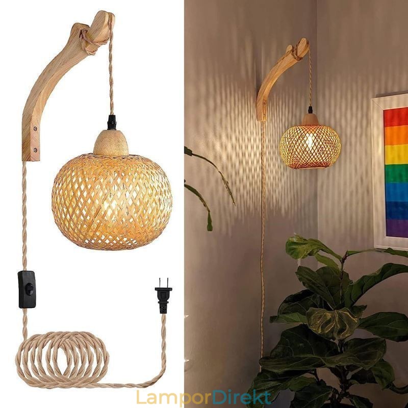 Bambu Vägglampa American Pastoral Retro Hamp Rep Vägglampa Med Plugg