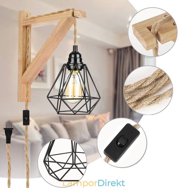 Amerikansk Retro Vägglampa 2,5 M Hamprep Hängande Tråd Svart Järnmålad Lampskärm
