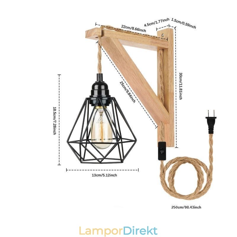 Amerikansk Retro Vägglampa 2,5 M Hamprep Hängande Tråd Svart Järnmålad Lampskärm