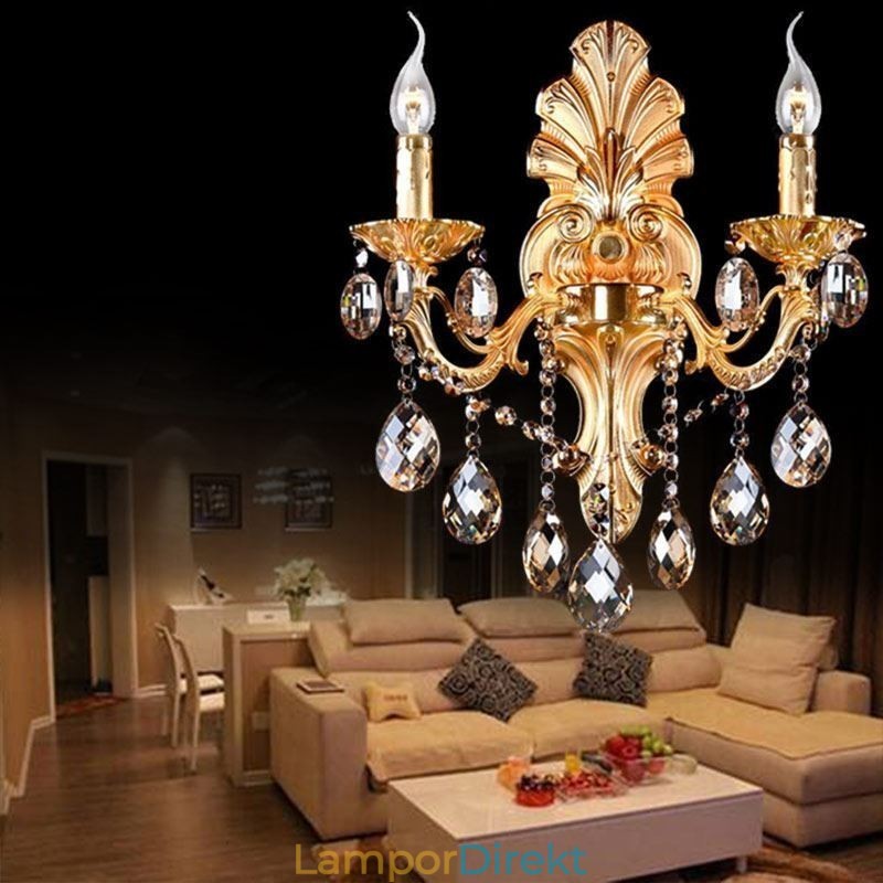 Europeisk Vägglampa Golden Petal Wall Sconce Utsökt Crystal Drops Light Sängbelysning