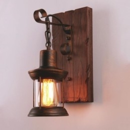American Vintage Vägglampa Industriell Loft Vägglampa Massivt Trä Glas Lamp Light