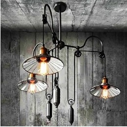 Vintage Pully Pendant Light 3 Island Foyer Metal+ Galss Innerskärm