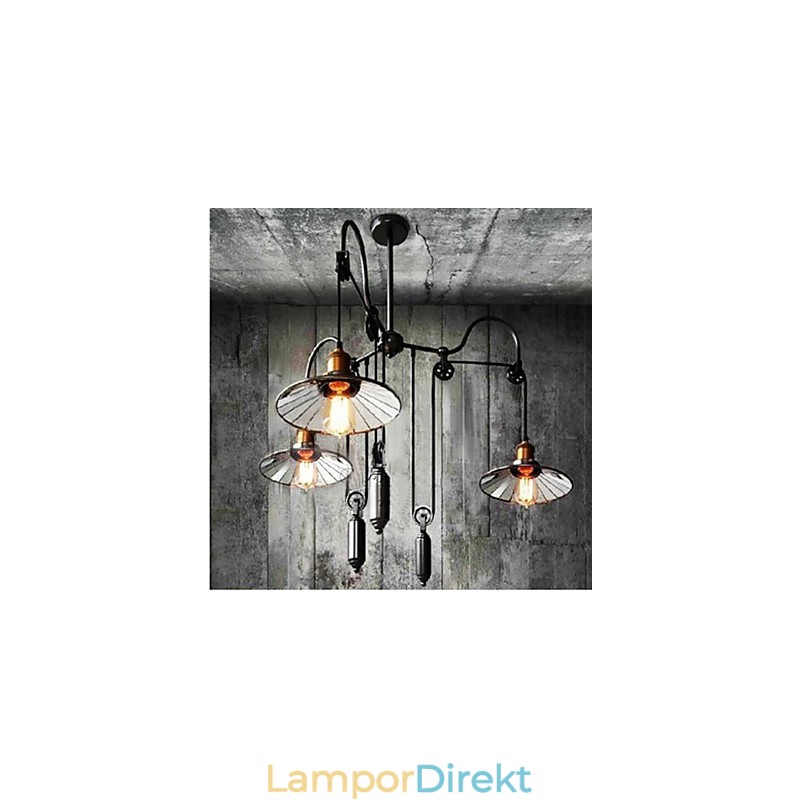 Vintage Pully Pendant Light 3 Island Foyer Metal+ Galss Innerskärm