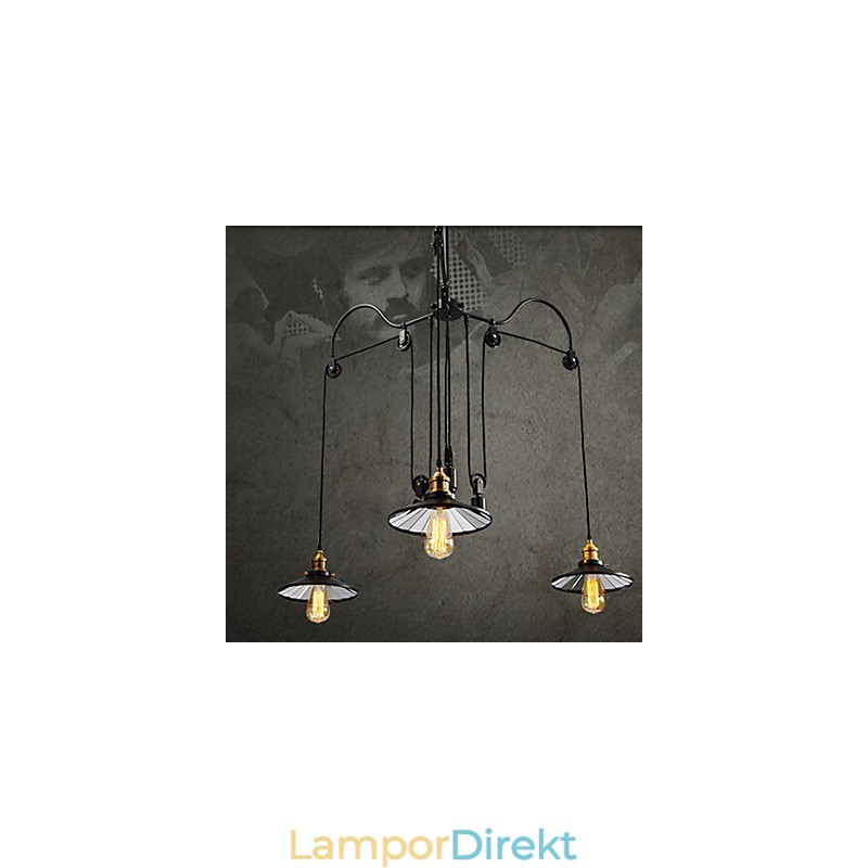 Vintage Pully Pendant Light 3 Island Foyer Metal+ Galss Innerskärm