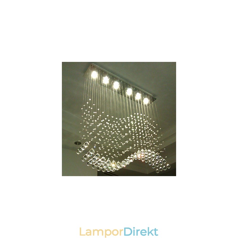 Pendellampa 6 Lampor Modern Silver Canpoy Transparent Crystal Waves Takbelysningsarmaturer